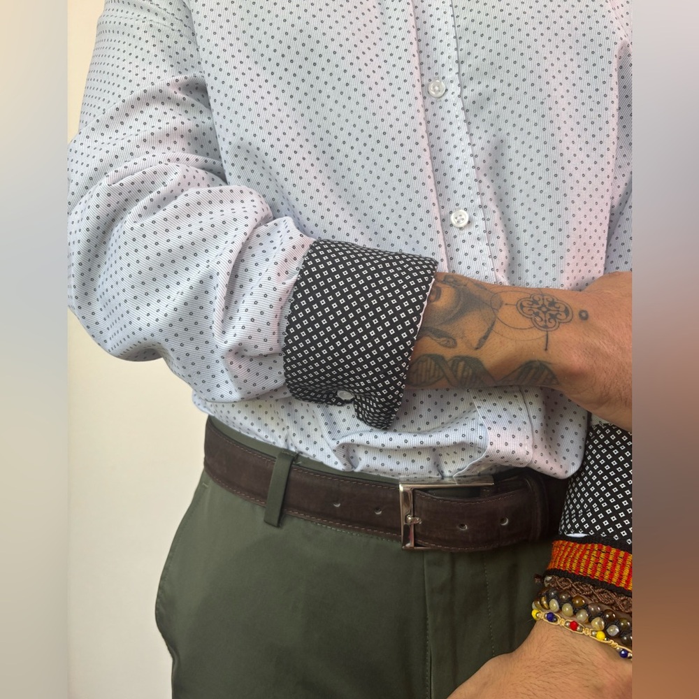 Men's White and Black Mini Polka Dot Button Up